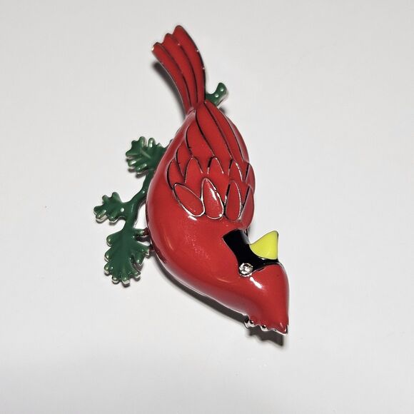 Silver Tone Cardinal Christmas Brooch Pin Red Green Enamel Clear Rhinestone Eye - Picture 7 of 10